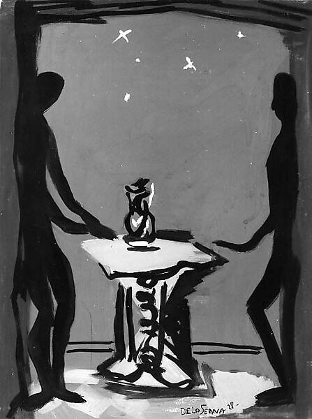 Two Figures Beside a Table, Ismaël Gonzales de La Serna (Spanish, 1887–1968), Matte opaque paint and brush and black ink on paper 