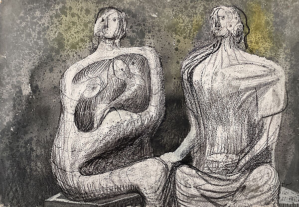Two Seated Women, Henry Moore (British, Castleford 1898–1986 Much Hadham), Opaque watercolor, watercolor, black ink, wax crayon, and compressed chalk on paper 