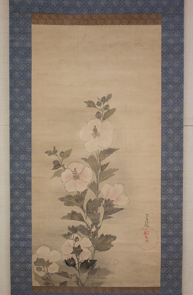 White Hollyhocks, In the Style of Tawaraya Sōtatsu (Japanese, ca. 1570–ca. 1640), Hanging scroll; ink and color on paper, Japan 