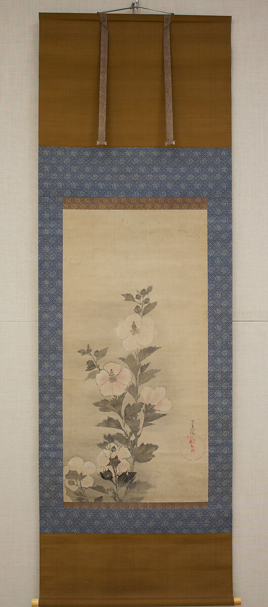 White Hollyhocks, In the Style of Tawaraya Sōtatsu (Japanese, ca. 1570–ca. 1640), Hanging scroll; ink and color on paper, Japan