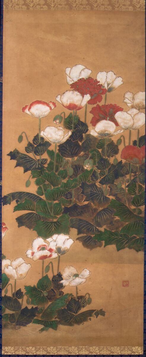 Poppies, Attributed to Kitagawa Sōsetsu (active 1639–50), Hanging scroll; color and gold on paper, Japan 