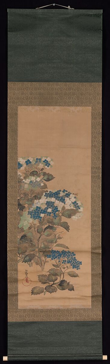 Hydrangeas, Attributed to Ogata Kōrin (Japanese, 1658–1716), Hanging scroll; ink and color on silk, Japan