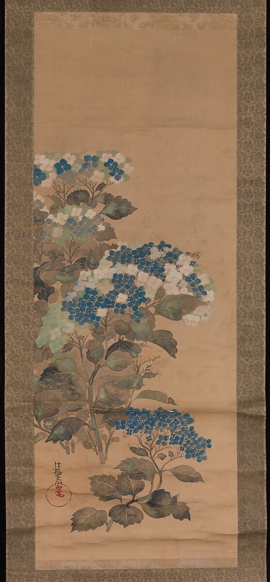 Hydrangeas, Attributed to Ogata Kōrin (Japanese, 1658–1716), Hanging scroll; ink and color on silk, Japan 