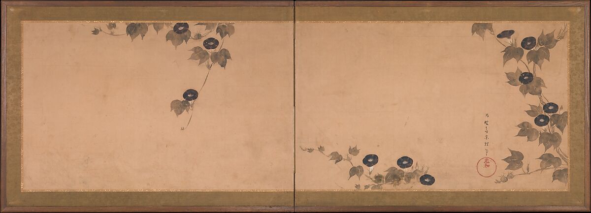 Morning Glories, Tawaraya Sōri (active late 18th century), Two-panel folding screen; ink and color on paper, Japan 