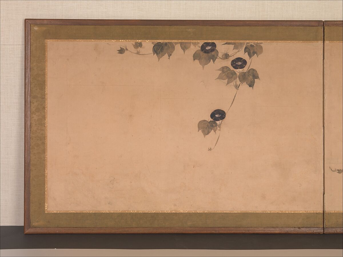 Morning Glories, Tawaraya Sōri (active late 18th century), Two-panel folding screen; ink and color on paper, Japan
