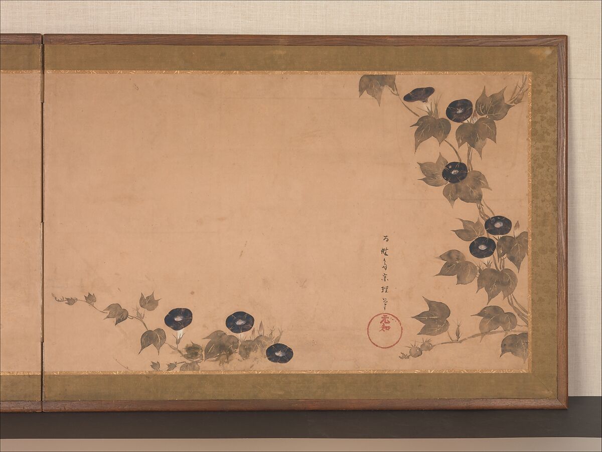 Morning Glories, Tawaraya Sōri (active late 18th century), Two-panel folding screen; ink and color on paper, Japan