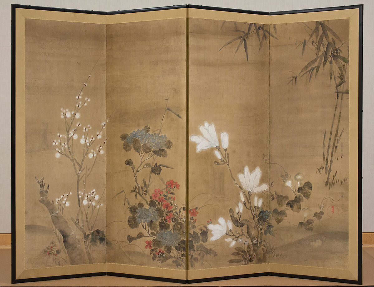 Flowers and Bamboo, Four-panel folding screen; ink and color on paper, Japan 