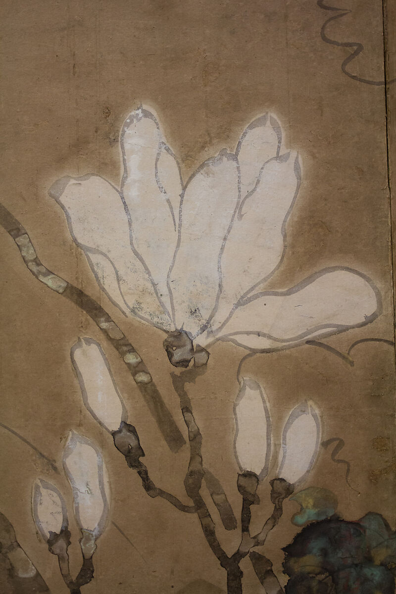 Flowers and Bamboo, Four-panel folding screen; ink and color on paper, Japan