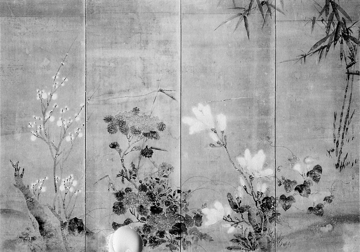 Flowers and Bamboo, Four-panel folding screen; ink and color on paper, Japan