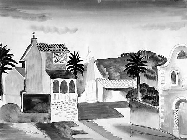Landscape with Buildings, Jan Matulka (American, 1890–1972), Watercolor and black crayon on paper (recto); black crayon on paper (verso) 