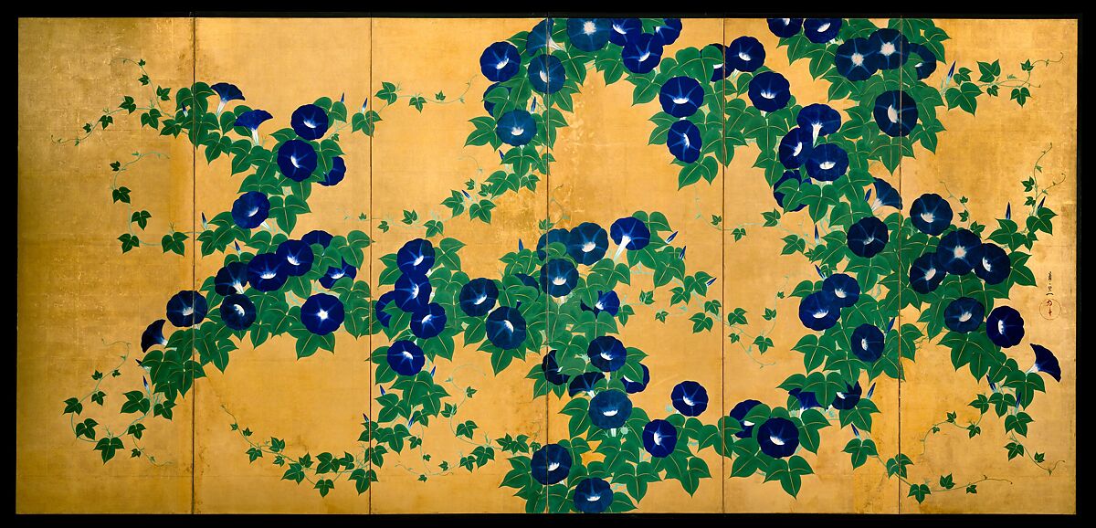 Morning Glories, Suzuki Kiitsu (Japanese, 1796–1858), Pair of six-panel folding screens; ink, color, and gold leaf on paper , Japan 
