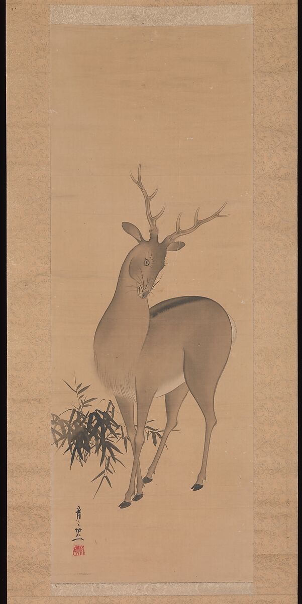 Deer, Suzuki Kiitsu (Japanese, 1796–1858), Hanging scroll; ink and color on silk, Japan 