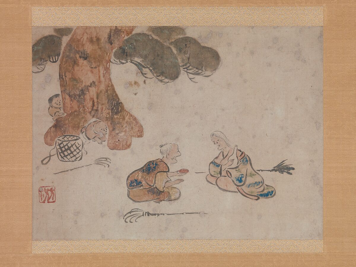 Old Man and Woman, Attributed to Ogata Kōrin (Japanese, 1658–1716), Hanging scroll; ink and color on silk, Japan 