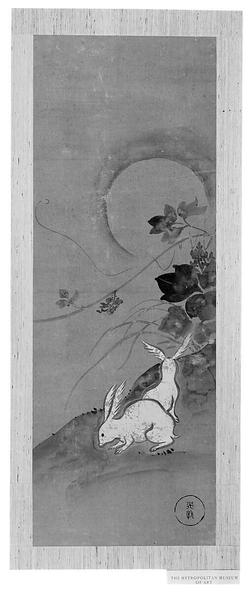 Rabbits under the Moon, Peonies, and Hollyhocks, Formerly attributed to Ogata Kōrin (Japanese, 1658–1716), Set of three matted paintings; ink and color on paper, Japan