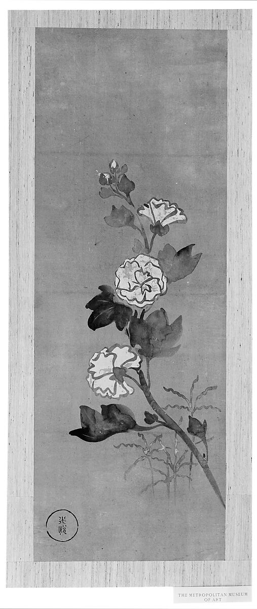 Rabbits under the Moon, Peonies, and Hollyhocks, Formerly attributed to Ogata Kōrin (Japanese, 1658–1716), Set of three matted paintings; ink and color on paper, Japan 
