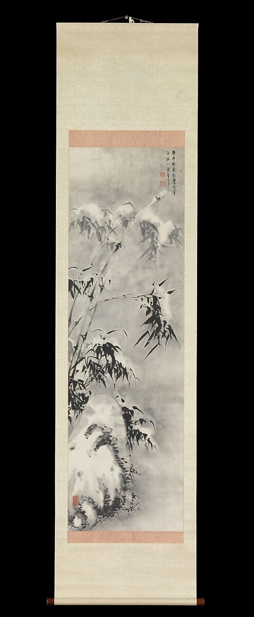 Bamboo and Rock in Snow, Sakaki Hyakusen (1697–1752), Hanging scroll; ink on paper, Japan 