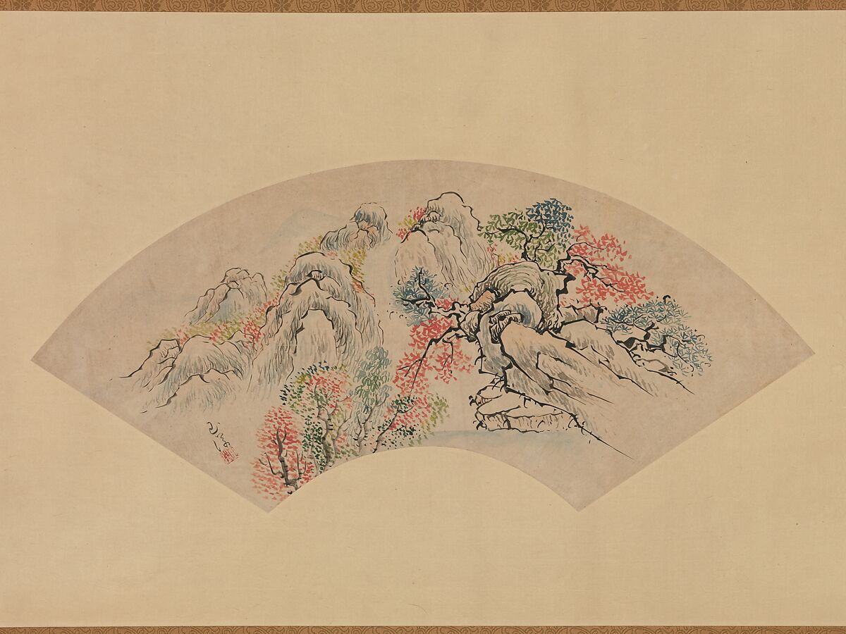 Autumnal Landscape with a Waterfall, Ike (Tokuyama) Gyokuran (Japanese, 1728–1784), Fan mounted as a hanging scroll; ink and color on paper, Japan 