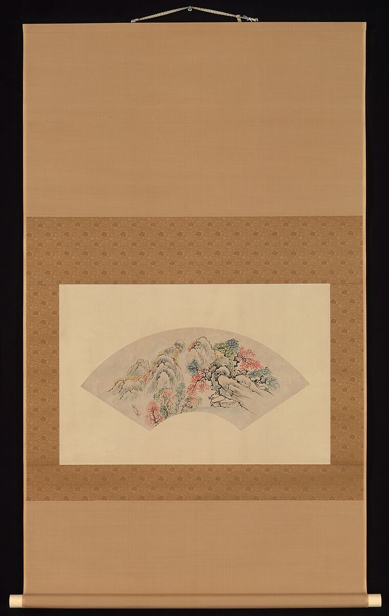 Autumnal Landscape with a Waterfall, Ike (Tokuyama) Gyokuran (Japanese, 1728–1784), Fan mounted as a hanging scroll; ink and color on paper, Japan