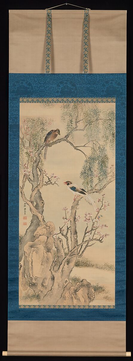 Birds in Willows and Blossoming Peach Tree, Yosa Buson (Japanese, 1716–1783), Hanging scroll; ink and color on silk, Japan