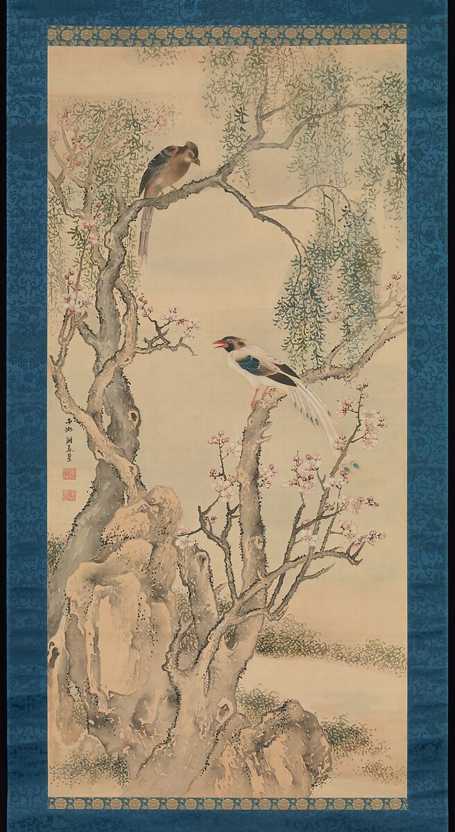 Birds in Willows and Blossoming Peach Tree, Yosa Buson (Japanese, 1716–1783), Hanging scroll; ink and color on silk, Japan 