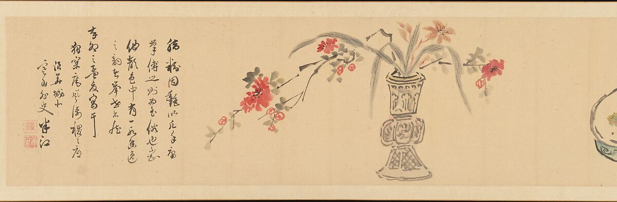 Letter Enclosing Flowers, Okada Hankō (Japanese, 1782–1846), Handscroll; ink and color on paper, Japan