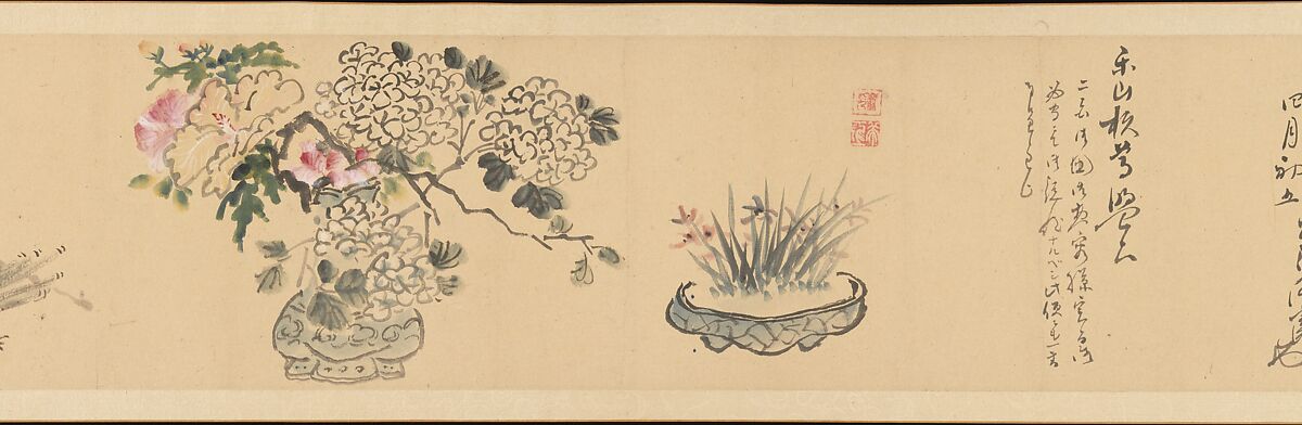 Letter Enclosing Flowers, Okada Hankō (Japanese, 1782–1846), Handscroll; ink and color on paper, Japan