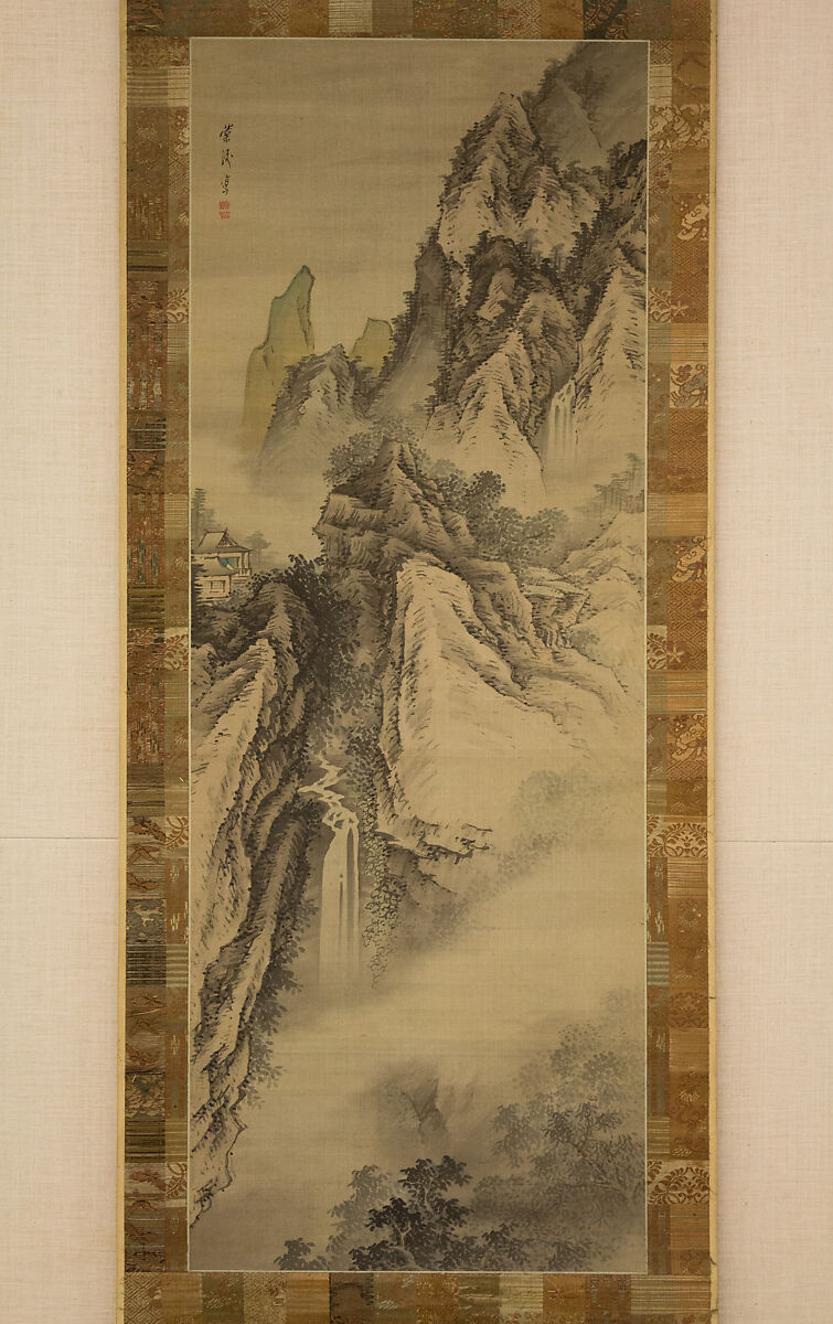 Mountain Scenery, Attributed to Senkaku Toshu (1804–1871), Hanging scroll; ink and color on silk, Japan 