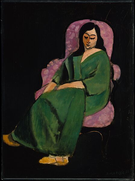 Laurette in a Green Robe, Black Background, Henri Matisse  French, Oil on canvas