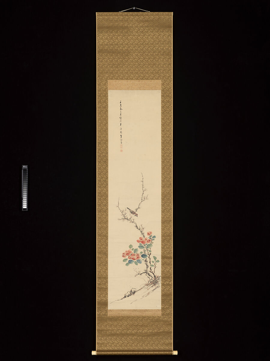 Sparrow, Camellia and Plum, Attributed to Takahashi Sōhei (Japanese, 1804–1835), Hanging scroll; ink and color on paper, Japan