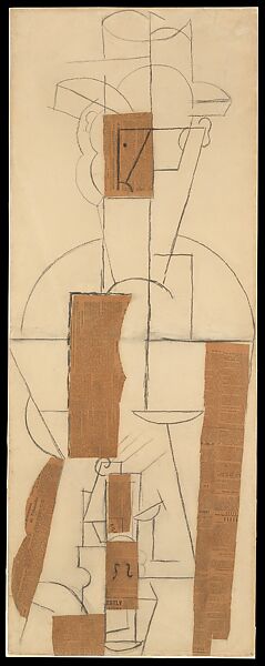 Man with a Hat and a Violin, Pablo Picasso (Spanish, Malaga 1881–1973 Mougins, France), Cut and pasted newspaper, and charcoal, on two joined sheets of paper 