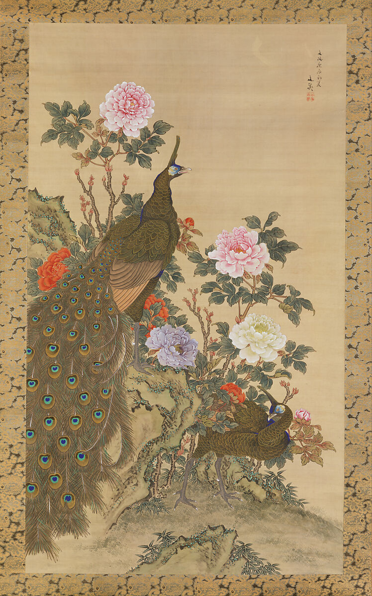 Peacocks and Peonies, Tani Bunchō (Japanese, 1763–1840), Hanging scroll; ink and color on silk, Japan 