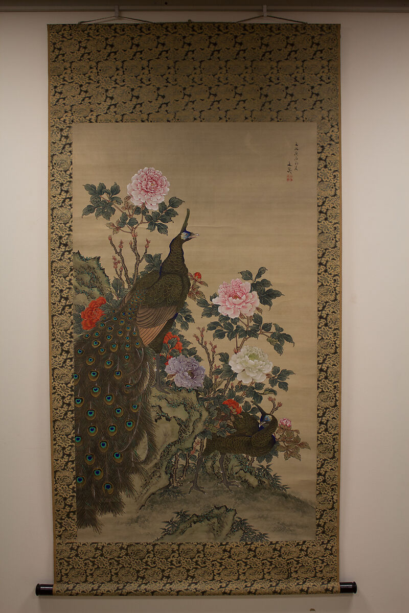 Peacocks and Peonies, Tani Bunchō (Japanese, 1763–1840), Hanging scroll; ink and color on silk, Japan