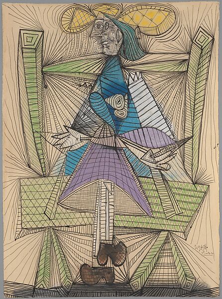 Dora Maar in a Wicker Chair, Pablo Picasso (Spanish, Malaga 1881–1973 Mougins, France), Ink, charcoal, and pastel on paper 