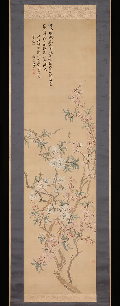 Red and White Peach Blossoms, Tsubaki Chinzan (Japanese, 1801–1854), Hanging scroll; color on paper, Japan 