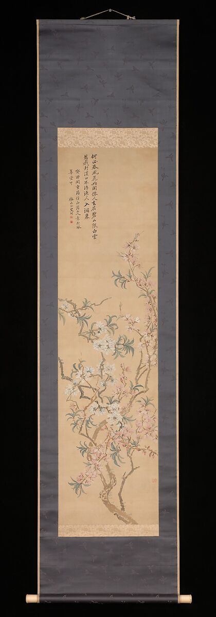 Red and White Peach Blossoms, Tsubaki Chinzan (Japanese, 1801–1854), Hanging scroll; color on paper, Japan