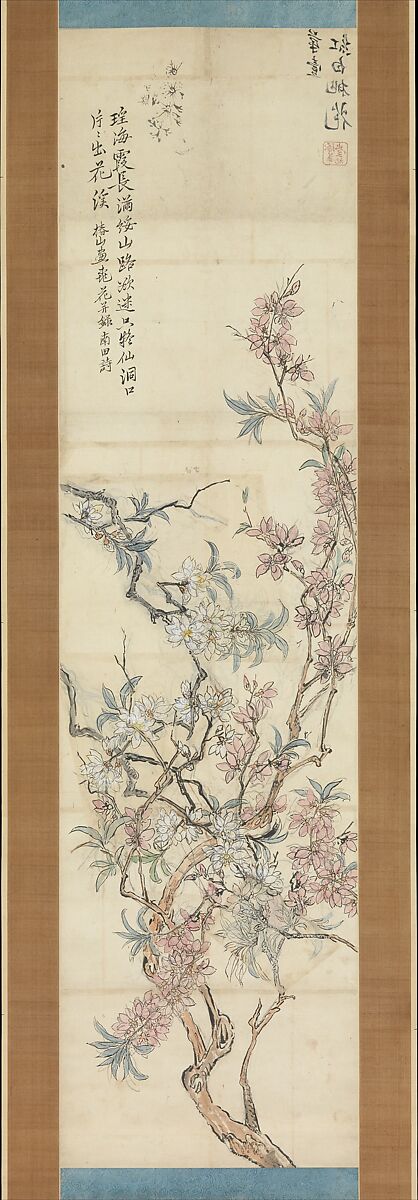 Red and White Peach Blossoms, Preparatory Sketch, Tsubaki Chinzan (Japanese, 1801–1854), Hanging scroll; color on paper, Japan 