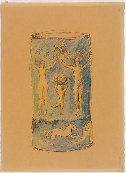 Blue Vase, Pablo Picasso (Spanish, Malaga 1881–1973 Mougins, France), Pen and black ink and blue and green crayon on board