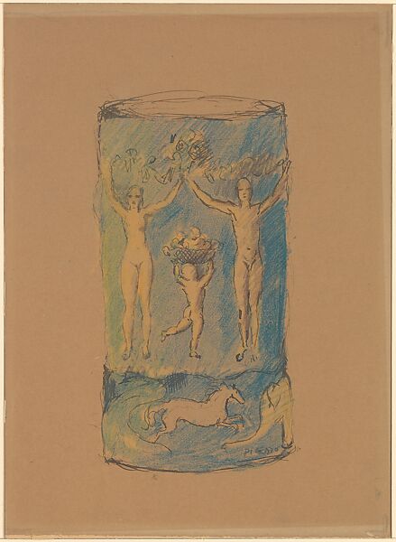 Blue Vase, Pablo Picasso (Spanish, Malaga 1881–1973 Mougins, France), Wax crayon and ink on paper, mounted to paper board 