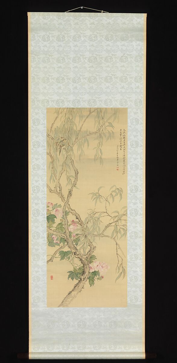 Small Birds on a Willow Branch and Hibiscus Blossoms, Tsubaki Chinzan (Japanese, 1801–1854), Hanging scroll; ink and color on paper, Japan