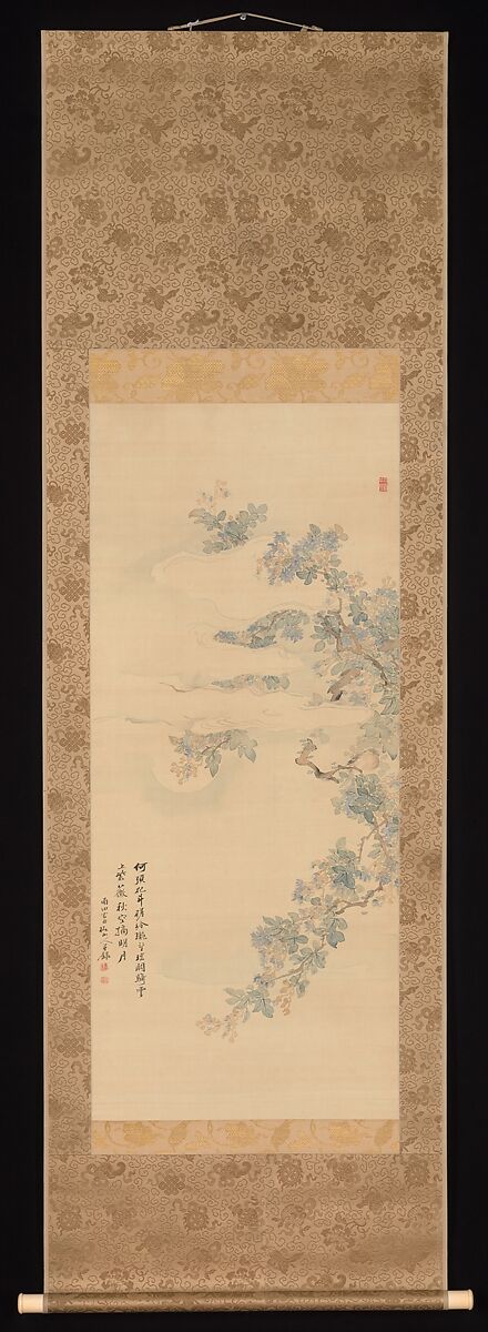 Small Bird on a Crepe Myrtle Branch, Tsubaki Chinzan (Japanese, 1801–1854), Hanging scroll; ink and color on silk, Japan