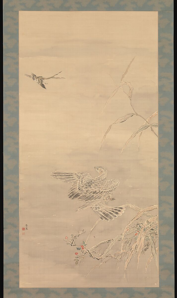 Hawk Grasping a Small Bird, Tsubaki Chinzan (Japanese, 1801–1854), Hanging scroll; ink and color on paper, Japan 