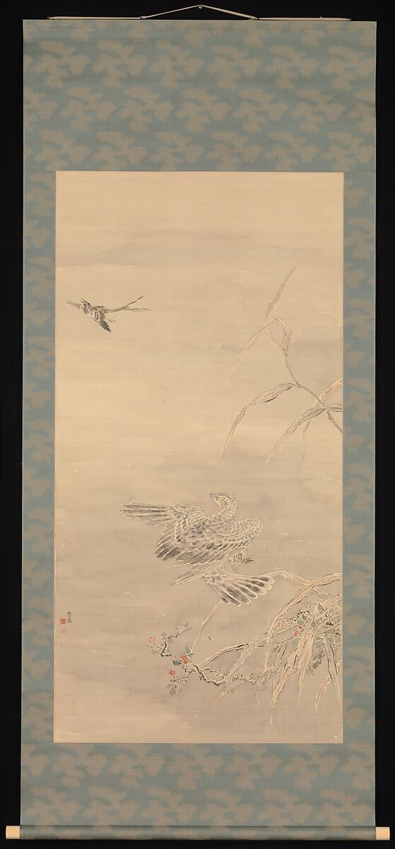 Hawk Grasping a Small Bird, Tsubaki Chinzan (Japanese, 1801–1854), Hanging scroll; ink and color on paper, Japan