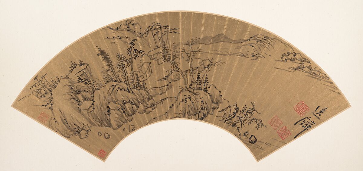 Landscape, Zou Zhilin (Chinese, 1574–ca. 1654), Folding fan mounted as an album leaf; ink on gold paper, China 