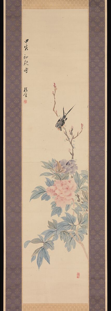 Peony and Swallow, Tsubaki Chinzan (Japanese, 1801–1854), Hanging scroll; ink and color on paper, Japan 