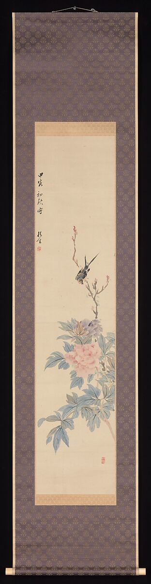 Peony and Swallow, Tsubaki Chinzan (Japanese, 1801–1854), Hanging scroll; ink and color on paper, Japan