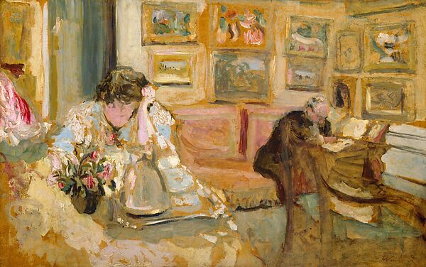 Jos and Lucie Hessel in the Small Salon, Rue de Rivoli, Edouard Vuillard (French, Cuiseaux 1868–1940 La Baule), Oil on cardboard mounted on canvas 