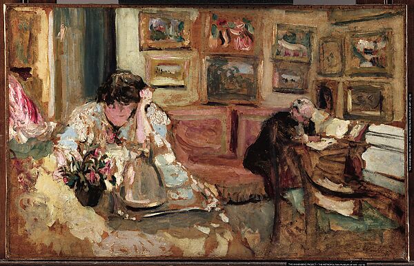Jos and Lucie Hessel in the Small Salon, Rue de Rivoli, Edouard Vuillard (French, Cuiseaux 1868–1940 La Baule), Oil on cardboard mounted on canvas
