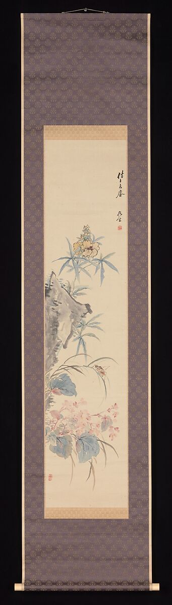 Rock and Autumn Flowers, Tsubaki Chinzan (Japanese, 1801–1854), Hanging scroll; ink and color on paper, Japan