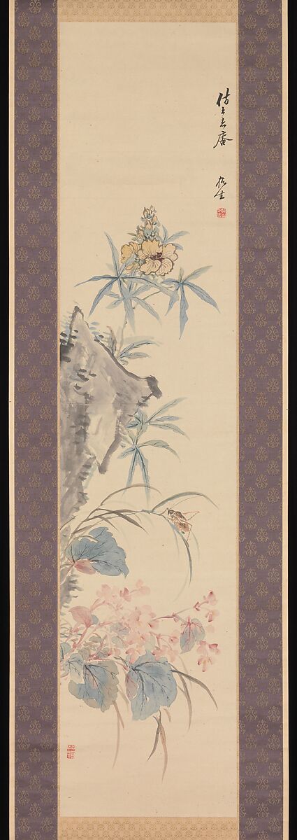 Rock and Autumn Flowers, Tsubaki Chinzan (Japanese, 1801–1854), Hanging scroll; ink and color on paper, Japan 