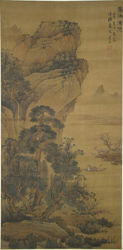 Hermit-Fisherman on a Spring River, Lan Ying (Chinese, 1585–1664), Hanging scroll; ink and color on silk, China 